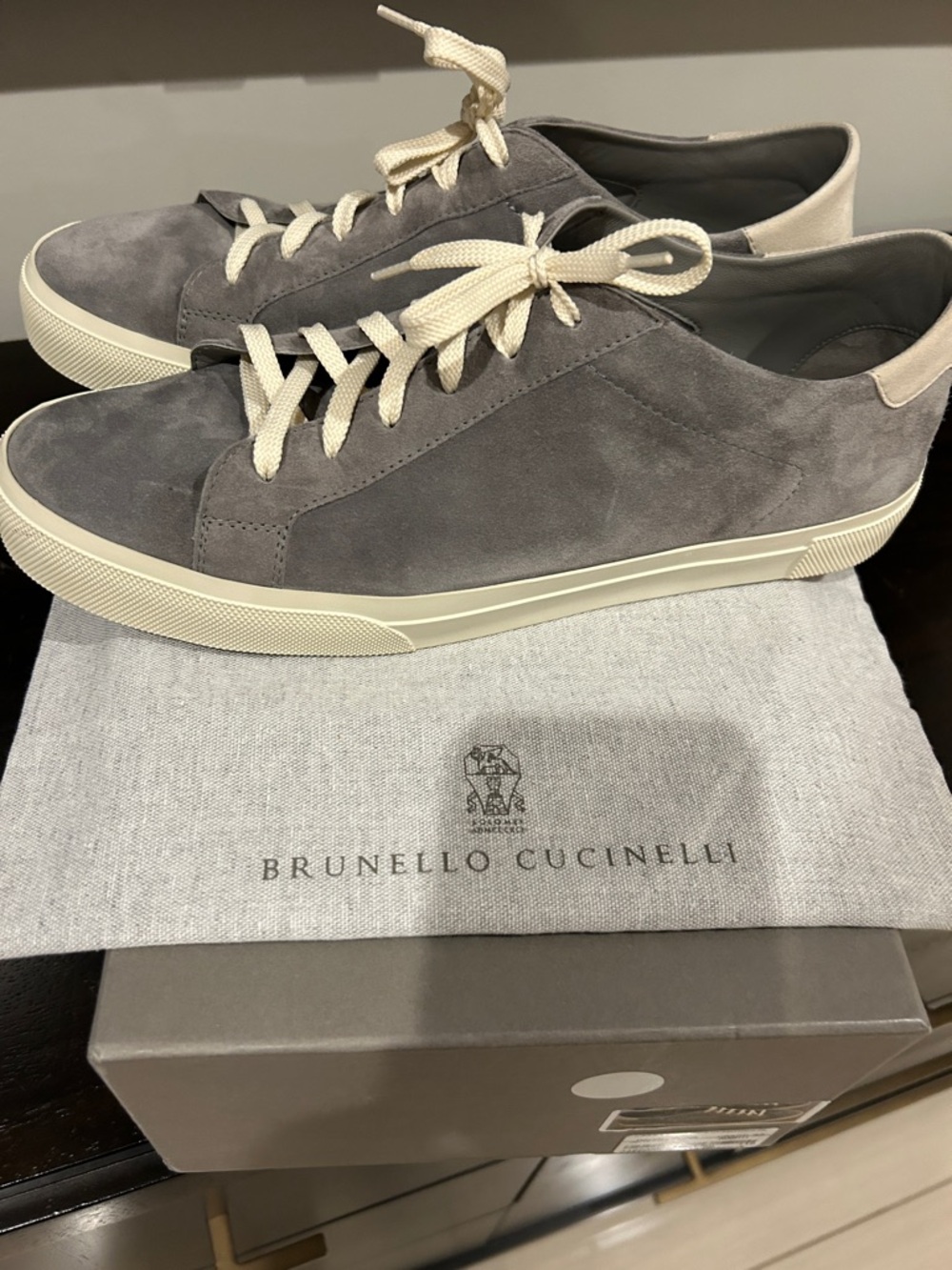 Brunello Cucinelli Gray Suede Sneakers with Cream Accents